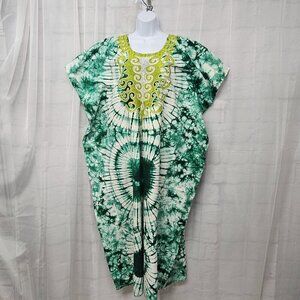 Handmade Green Tie Dye Embroidered Kaftan Hippie Retro Festival Maxi Dress OSFA